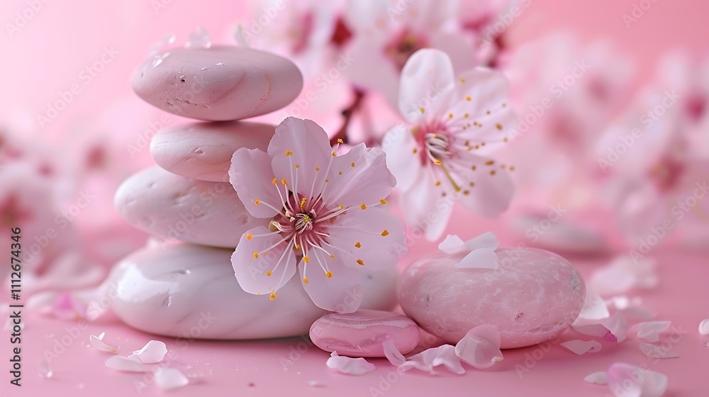 Aesthetic Pink Spa Stones and Spring Blossoms Aesthetic Pink Spa Stones and Spring Blossoms