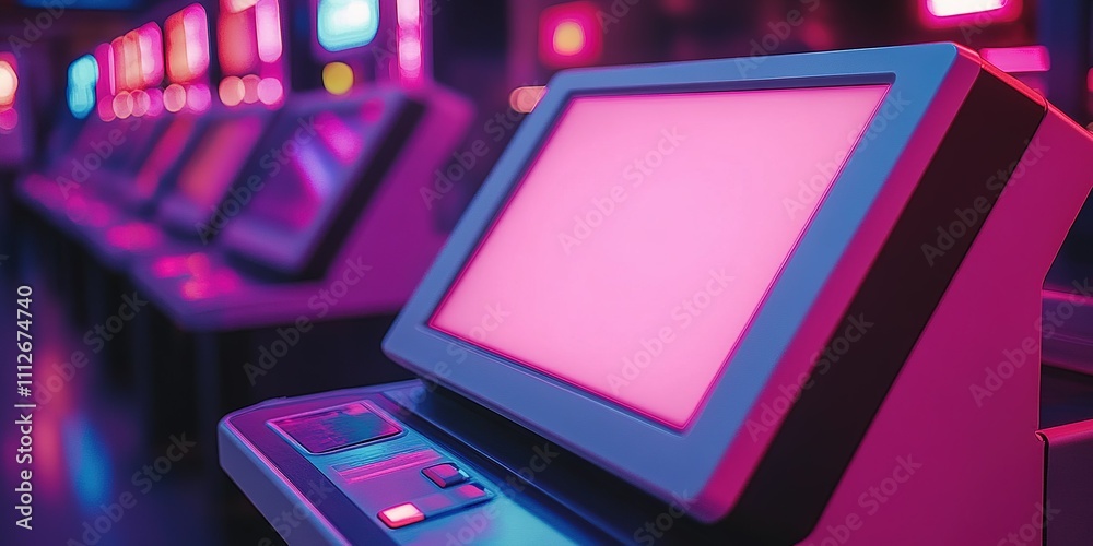 Brightly lit gaming machines in a modern arcade create an exciting atmosphere for players during evening hours Brightly lit gaming machines in a modern arcade create an exciting atmosphere for players during evening hours
