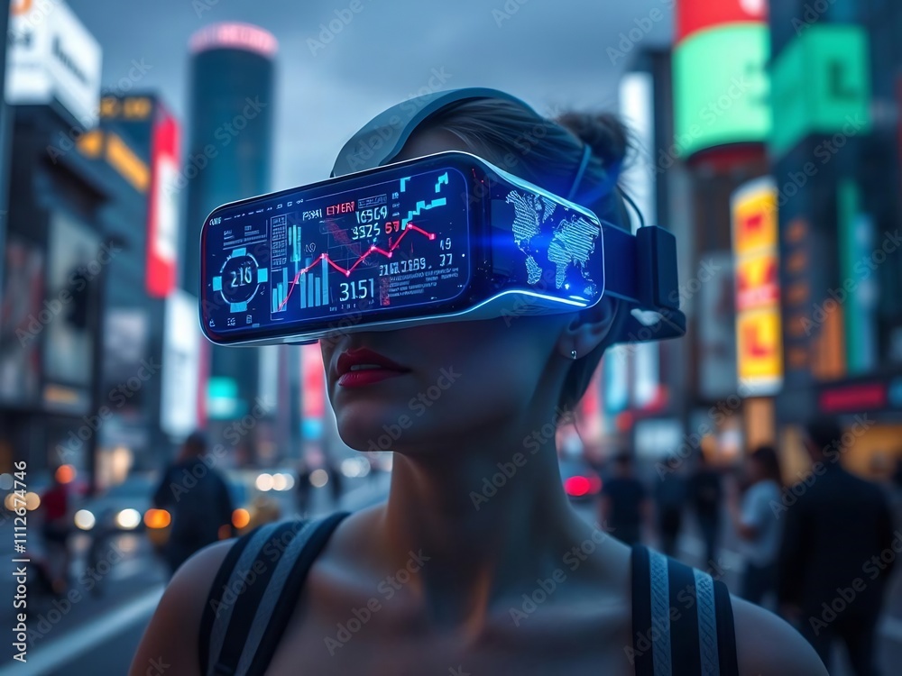 Woman using futuristic VR headset in city. Woman using futuristic VR headset in city.