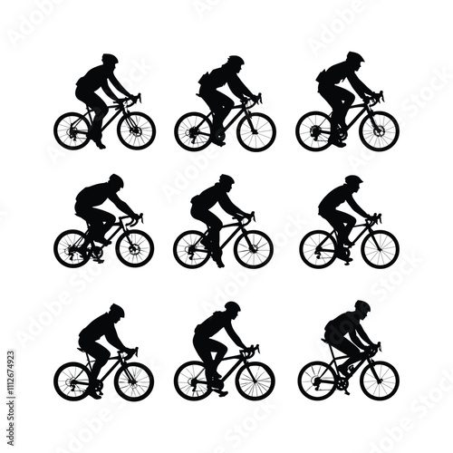 Cyclist Riding Bicycle Silhouett set Clipart on a white Background