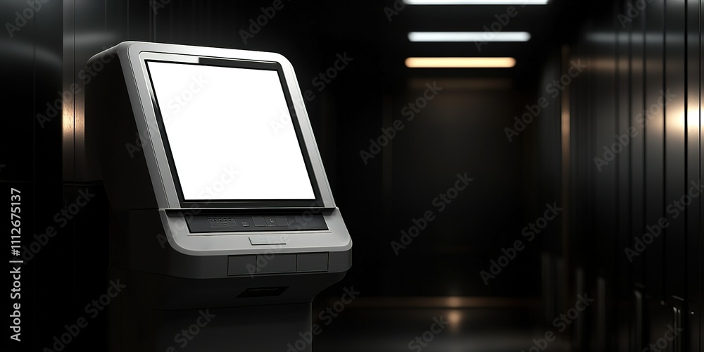 Self-service kiosk in a dimly lit corridor offering digital interaction for users at a modern facility Self-service kiosk in a dimly lit corridor offering digital interaction for users at a modern facility