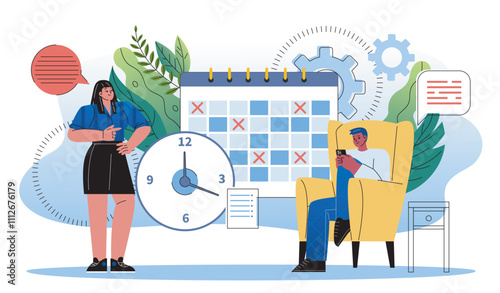 Time management concept. Man and woman near calendar. Planning and scheduling. Setting goals, tasks, objectives and deadlines. Flat vector illustration