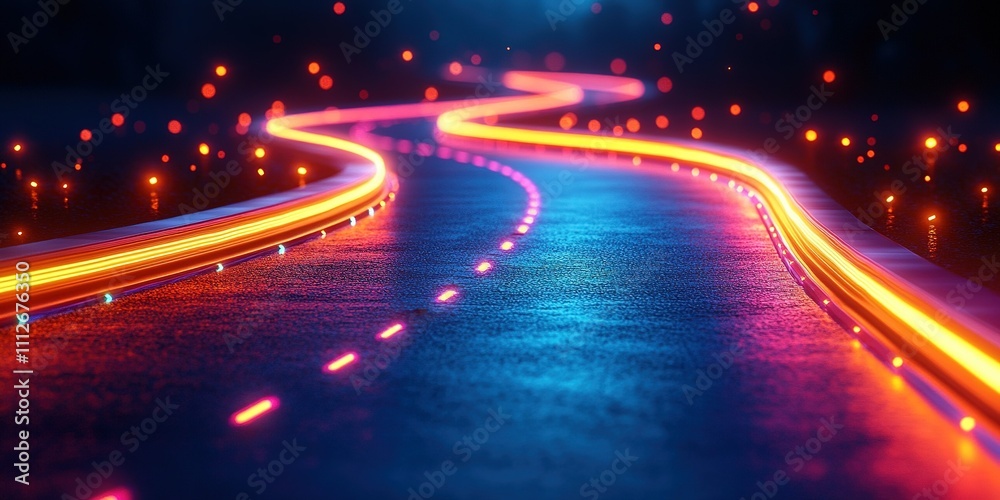 Vibrant neon road winding through a futuristic landscape at night with glowing lights illuminating the way Vibrant neon road winding through a futuristic landscape at night with glowing lights illuminating the way