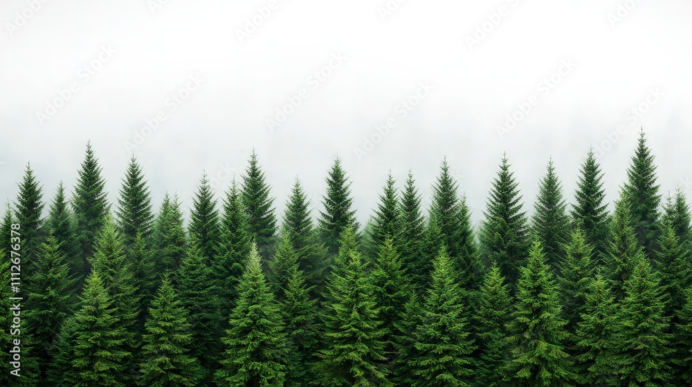 Misty mountain evergreen forest, row of pine trees. Misty mountain evergreen forest, row of pine trees.
