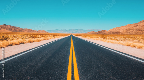 Endless desert highway stretching towards distant mountains under a clear blue sky, symbolizing freedom and adventure. photo