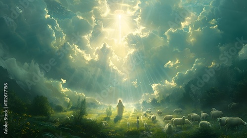 A serene meadow bathed in divine light from an angel glowing above, beams of radiant light illuminating shepherds gazing upward in awe, children playing near grazing sheep, photo