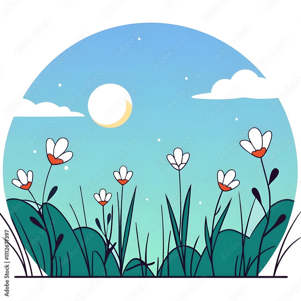 Fototapeta premium Minimalist Art in a Field of Flowers with Blue Sky and Clouds