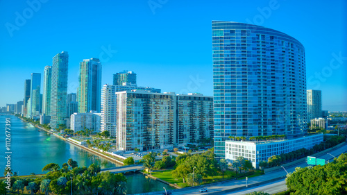 Miami Edgewater skyline with reflection in the water