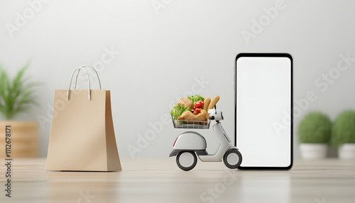 Delivery food by scooter on mobile phone. Online shopping concept. E-commerce by app photo