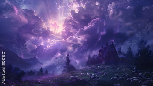 A serene sheepfold at night, an angel glowing softly above, beams of radiant light cascading onto misty purple clouds, grazing sheep illuminated in the tranquil meadow, shepherds gazing upward in awe, photo