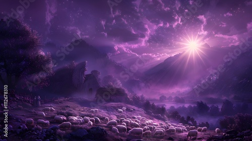 A serene sheepfold bathed in soft purple mist, an angel glowing brightly in the night sky, beams of light shining onto grazing sheep and the tranquil meadow, photo