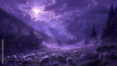 A serene sheepfold bathed in soft purple mist, an angel glowing brightly in the night sky, beams of light shining onto grazing sheep and the tranquil meadow, photo