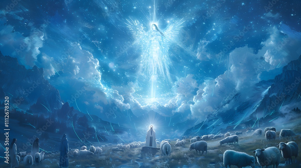 Obraz premium A serene sheepfold under a glowing angel, shepherds dressed in traditional robes looking upward in awe, beams of radiant light softly illuminating grazing sheep and the misty meadow,