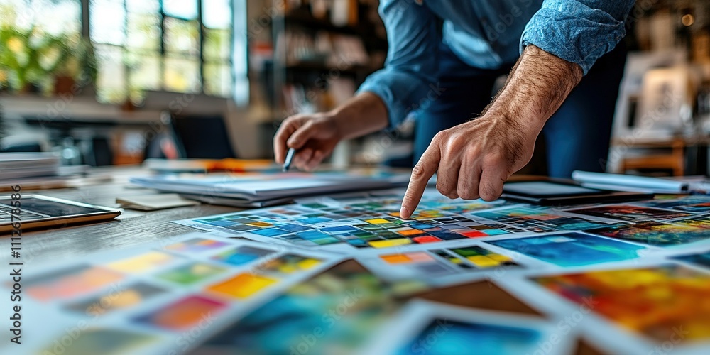 Creative professional reviewing colorful design samples in a bright workspace with natural light Creative professional reviewing colorful design samples in a bright workspace with natural light