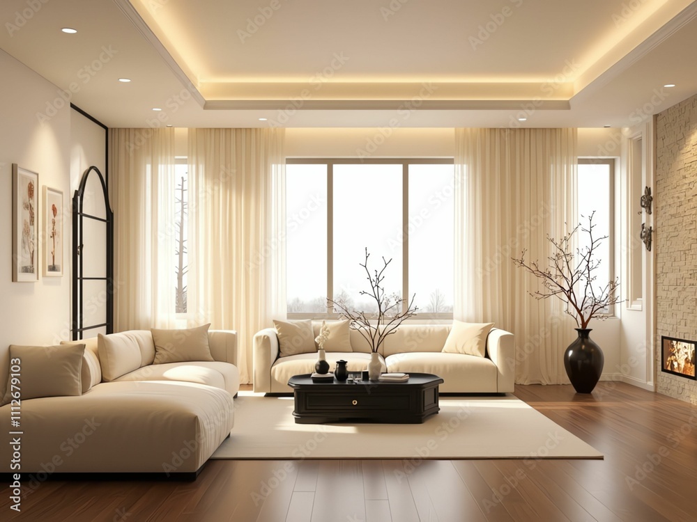 Fototapeta premium Elegant Modern Living Room with Natural Light, Minimalist Design, and Beautifully Arranged Decorative Elements