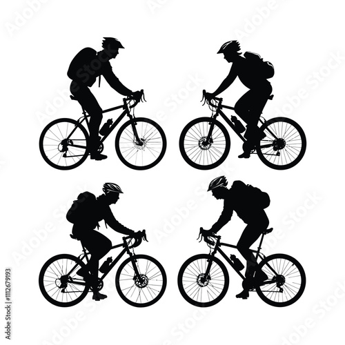 Cyclist Riding Bicycle Silhouett set Clipart on a white Background