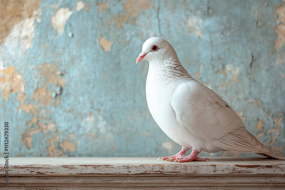 Obraz premium White Dove Perched on Weathered Wooden Surface
