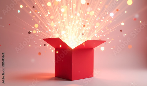 rays of happiness burst out of an open red gift box