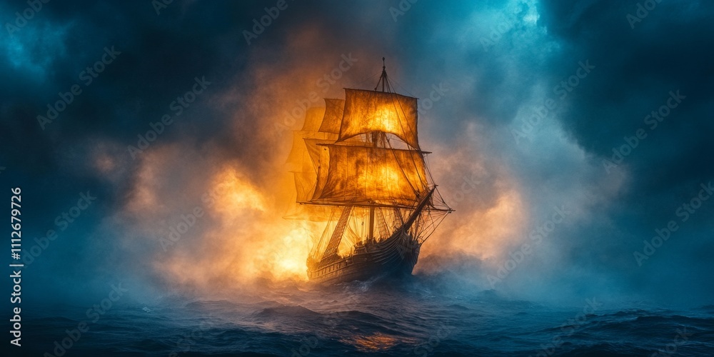 Obraz premium Phantom vessel gliding across turbulent waters, illuminated by ethereal sails, evoking a sense of mystery and adventure.