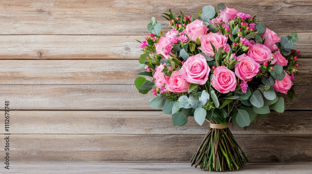 A beautiful bouquet of pink roses surrounded by greenery, resting against a rustic wooden background. A beautiful bouquet of pink roses surrounded by greenery, resting against a rustic wooden background.
