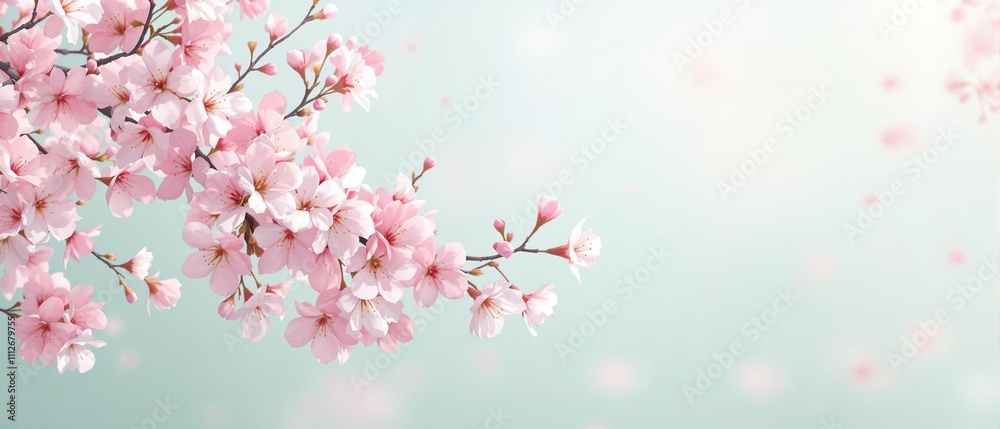 Cherry blossoms in bloom against a soft mint green or pale blue colored background, cherry blossoms, cool colors, calming atmosphere, nature scenes Cherry blossoms in bloom against a soft mint green or pale blue colored background, cherry blossoms, cool colors, calming atmosphere, nature scenes