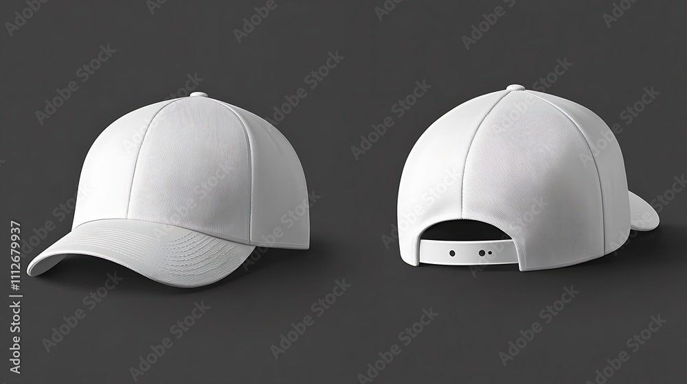 Bright white baseball cap back and front views on charcoal gray background, photorealistic quality Bright white baseball cap back and front views on charcoal gray background, photorealistic quality