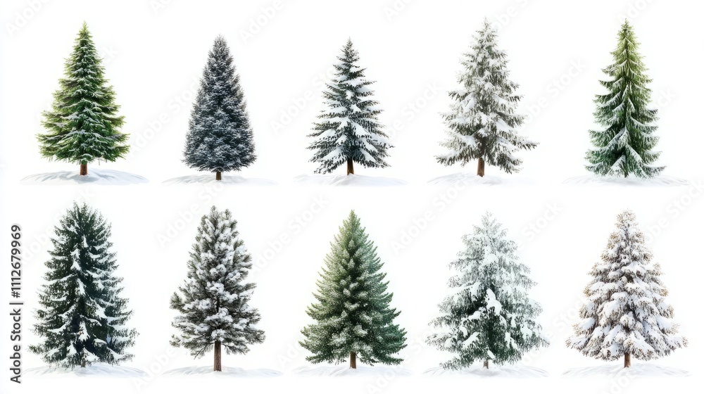 Obraz premium Collection of christmas Trees with Snow on white background