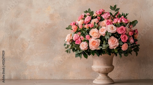 A beautiful arrangement of pink and peach roses in a decorative vase against a soft, muted background, exuding elegance and charm.