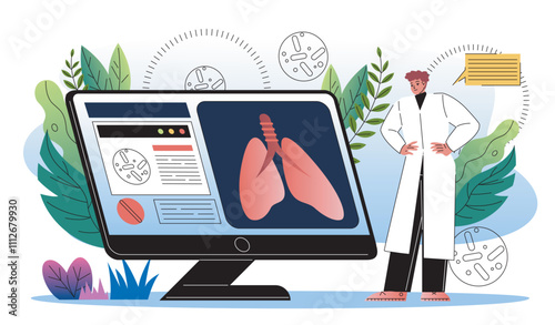 Tuberculosis specialist online. Man in medical uniform near computer with structure of lungs. Pulmonologist studies respiratory system. Flat vector illustration