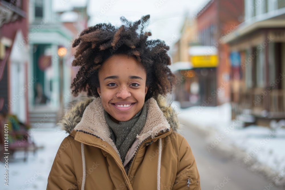 Portrait of a happy afro-american woman in her 20s wearing a warm parka isolated in charming small town main street Portrait of a happy afro-american woman in her 20s wearing a warm parka isolated in charming small town main street