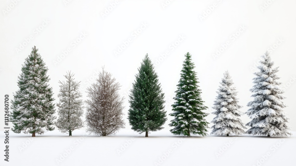 Naklejka premium Collection of christmas Trees with Snow on white background