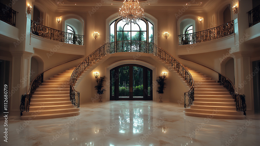 Grand entryway with a sweeping staircase and Grand entryway with a sweeping staircase and