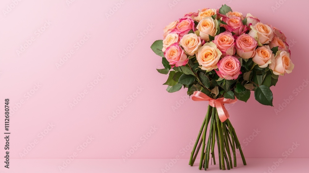 Obraz premium A vibrant bouquet of pink and peach roses tied with a ribbon, set against a soft pink background, exuding elegance and charm.