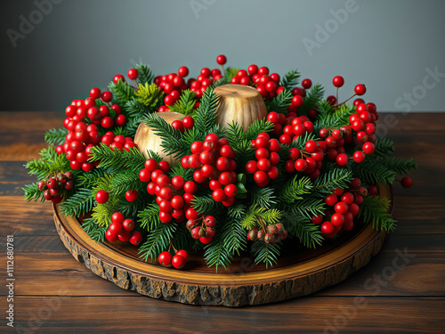 Christmas table centerpiece with red berries and greenery on a wooden serving platter,  christmas dinner setup,  meat centerpiece,  holiday decor,  rustic charm photo