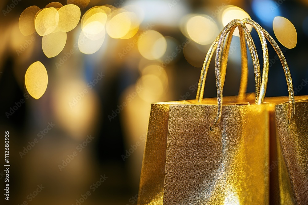 Elegant gold shopping bag with sparkling lights in the background, perfect for luxury themes. Elegant gold shopping bag with sparkling lights in the background, perfect for luxury themes.