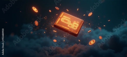 A glowing digital cryptocurrency wallet with revolving coins and flowing data, representing the secure storage and transfer of digital assets.
