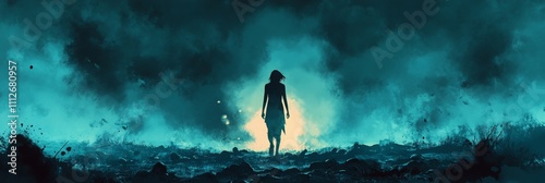 Warrior of Light Amidst Shadows, a vibrant figure strides through a desolate battlefield, surrounded by fallen warriors, digital anime illustration.