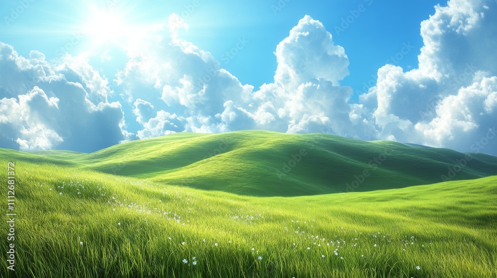 Rolling Green Hills Under a Sunny Sky with White Clouds Rolling Green Hills Under a Sunny Sky with White Clouds