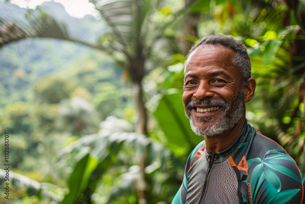 Portrait of a joyful man in his 40s sporting a breathable mesh jersey on lush tropical rainforest Portrait of a joyful man in his 40s sporting a breathable mesh jersey on lush tropical rainforest