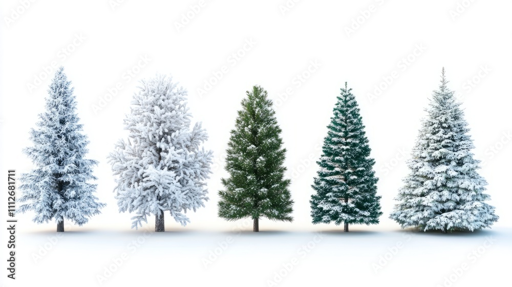 Fototapeta premium Collection of christmas Trees with Snow on white background