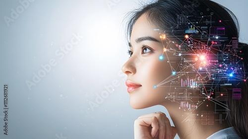 A double exposure image of a business professional with a thoughtful expression, their face blended with visual representations of multilevel marketing charts, graphs, and network connections. 