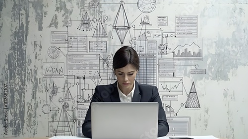 A person in a business suit seated at a desk with a laptop, their image blending with multilevel marketing structures, such as sales funnels and network analysis charts, capturing the essence 