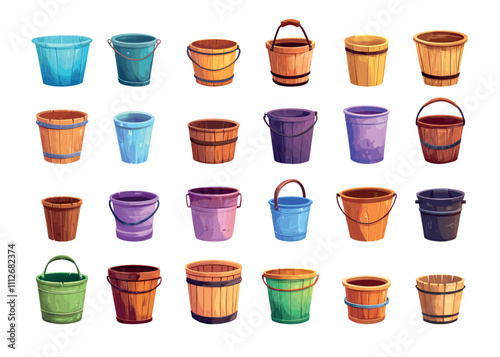 Cartoon buckets. Wooden and metal pail, full or empty plastic garden rural countryside containers, water milk household vessel or trash bin baskets, isolated vector on white backdrop