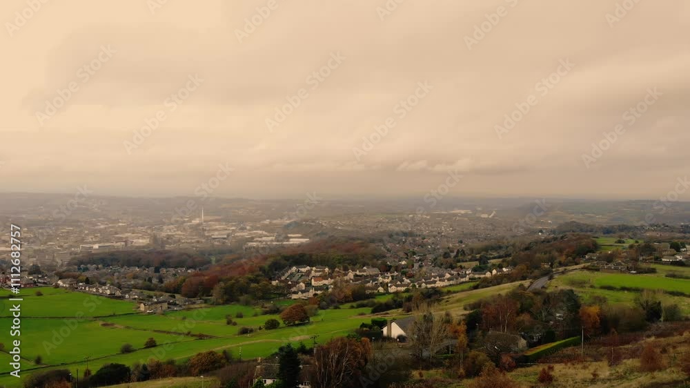 Huddersfield town in England wide aerial drone shot Huddersfield town in England wide aerial drone shot