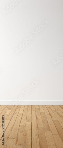 Clean white wall with realistic wood floor for product showcase, flooring, advertisement, staging, backdrop, urban