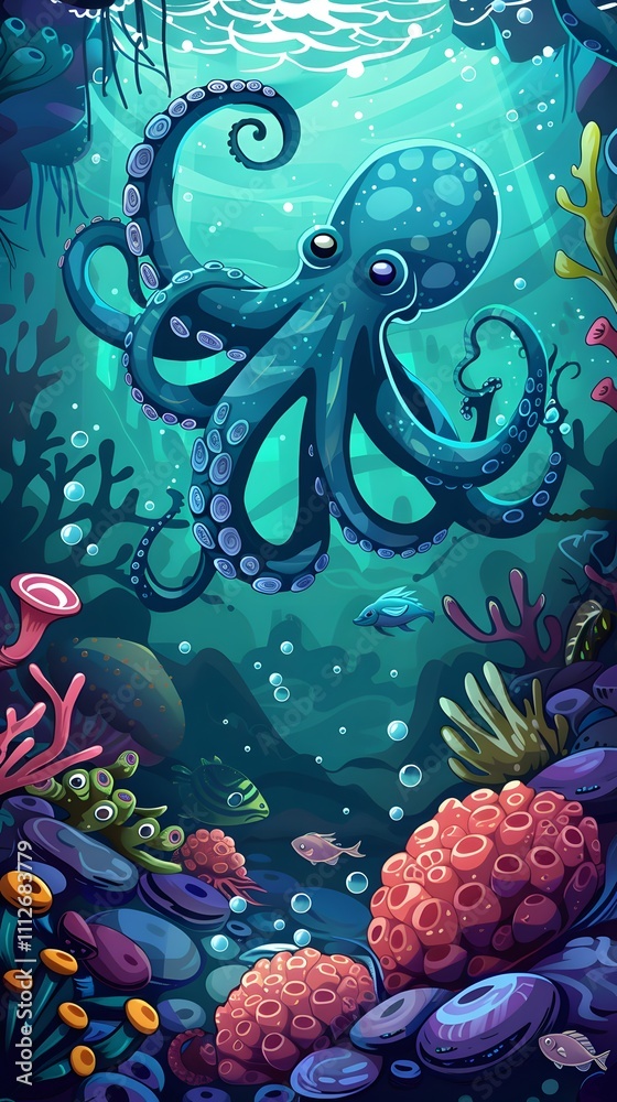 Octopus and beautiful underwater scenery, Underwater Scene with Incredible Commotion of an Octopus Octopus and beautiful underwater scenery, Underwater Scene with Incredible Commotion of an Octopus
