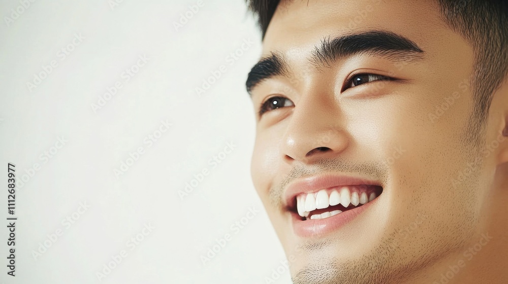 An Asian young man with glowing, hydrated skin, softly smiling, on a clean white background for beauty product promotions. An Asian young man with glowing, hydrated skin, softly smiling, on a clean white background for beauty product promotions.