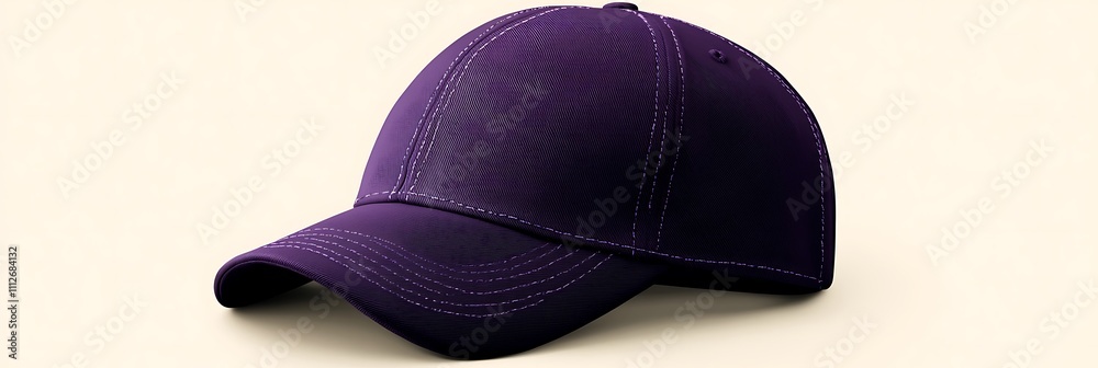 Solid purple baseball cap mockup showcased on cream background, realistic stitching details Solid purple baseball cap mockup showcased on cream background, realistic stitching details