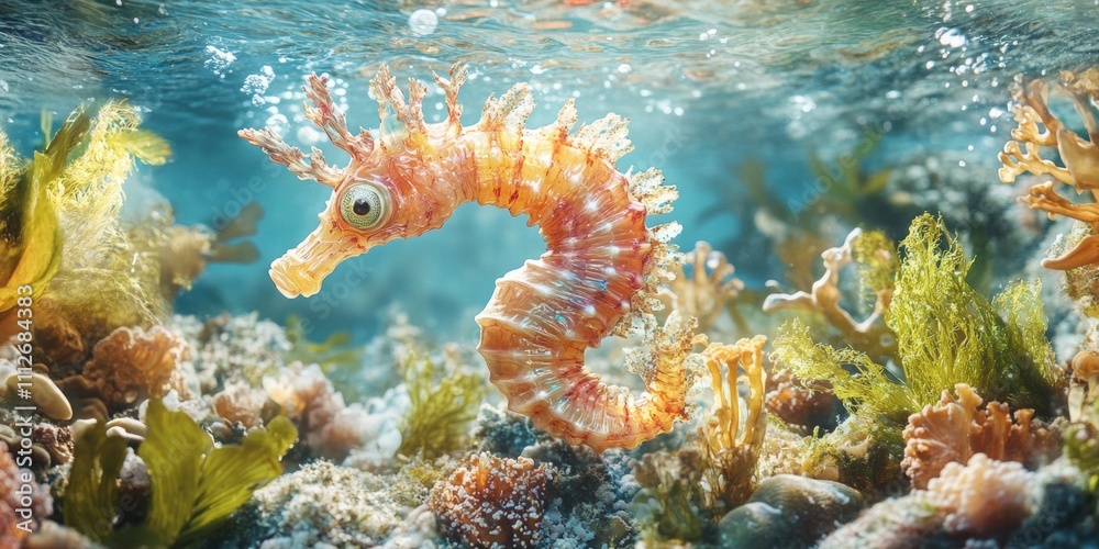 Coral Seahorse in Clear Waters, a vibrant seahorse crafted from coral and seaweed gracefully gliding through pristine blue waters Coral Seahorse in Clear Waters, a vibrant seahorse crafted from coral and seaweed gracefully gliding through pristine blue waters