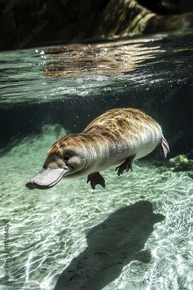 Fototapeta premium Duck-billed platypus swimming underwater, sunlight patterns